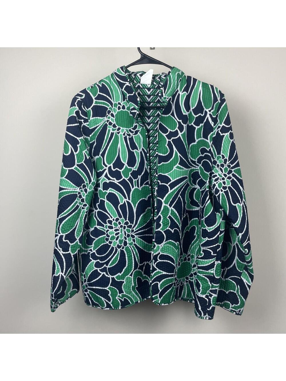 ALFRED DUNNER 14 Navy Green Floral Quilted Open Front Reversible Jacket Women